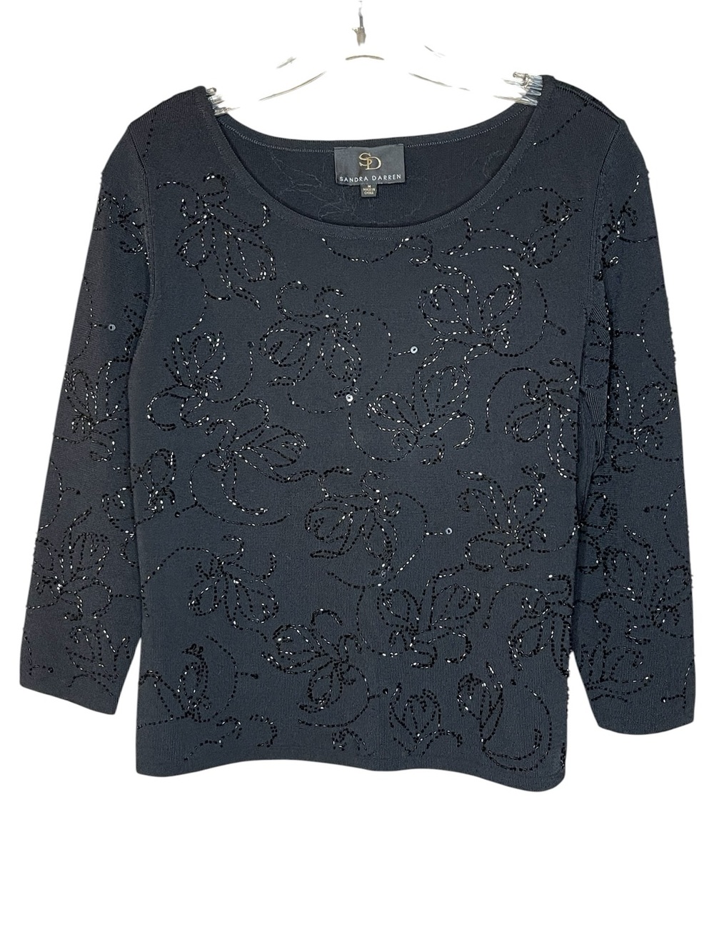 Sandra Darren Black Sequin Floral-Patterned Long Sleeve Top